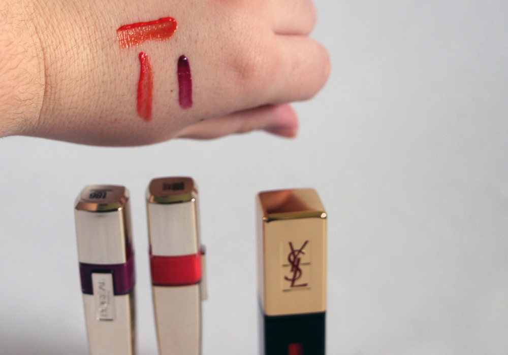 L'Oreal Color Caresse Wet Shine Stain Gloss Coral Tattoo Berry Persistent Compared to YSL Glossy Stain Orange De Chine