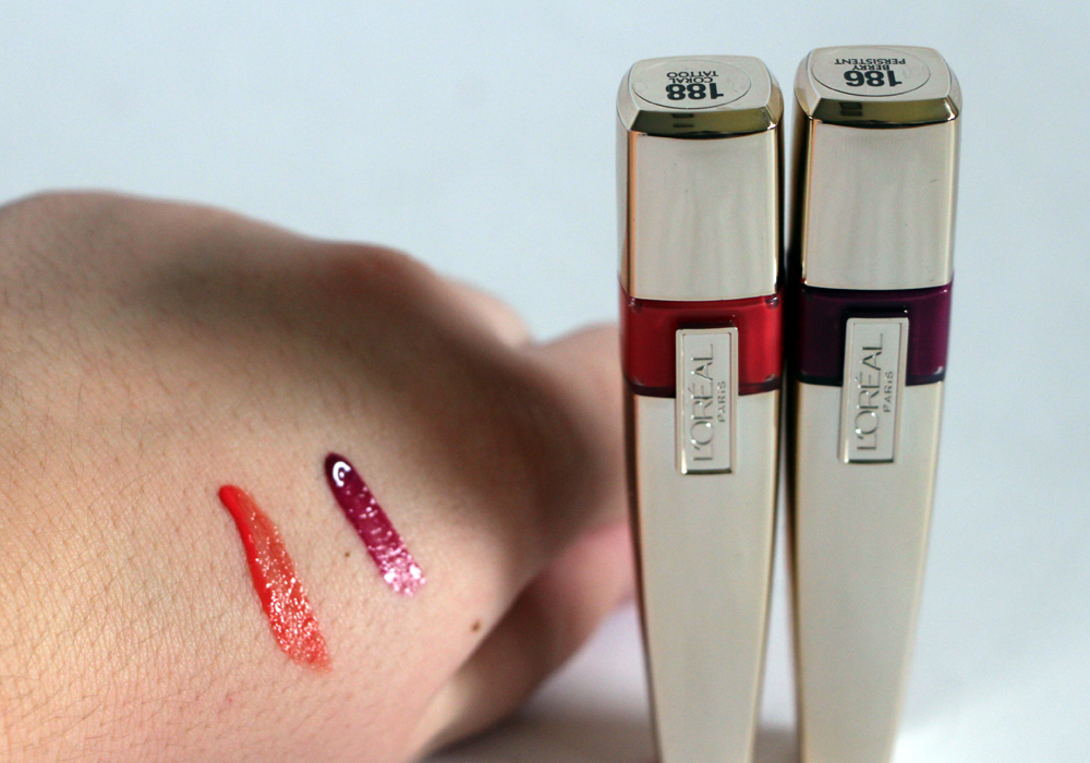 L'Oreal Color Caresse Wet Shine Stain Gloss Coral Tattoo Berry Persistent Swatches
