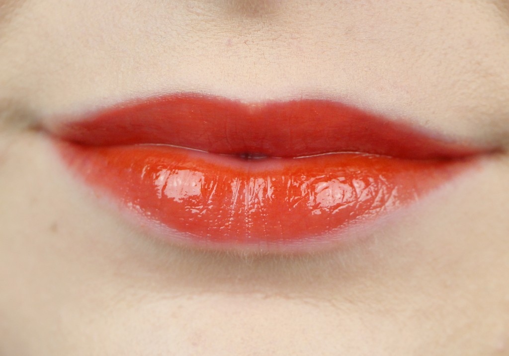 Cailyn Cosmetics Cocoon Lip Stain Tantalizing Orange + Lip Liner Gel Pencil in Bloody Mary + Clear Lip Gloss Swatch