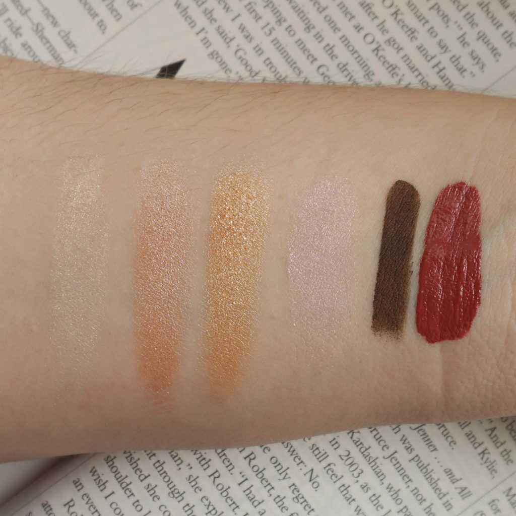 BH Cosmetics Nude Rose Highlighter Palette Brunette Studio Pro Brow Pomade Luxe Lacquer Lipstick in Rose Swatches